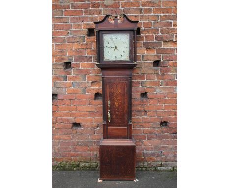 AN ANTIQUE OAK 30 HOUR LONGCASE CLOCK, striking on a bell, painted face, possible Peplow of Shifnal, with seashell painted sp