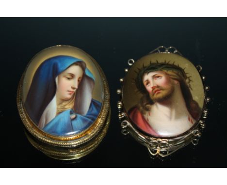A 9CT MOUNTED HAND PAINTED CERAMIC BROOCH OF JESUS, together with a hand painted porcelain brooch of the Madonna in base meta