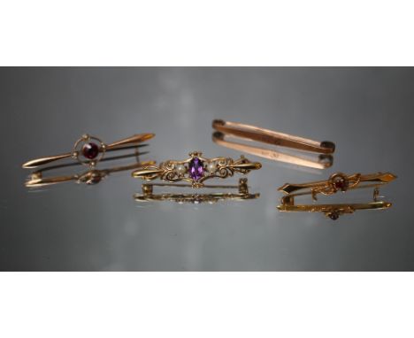 THREE 9CT BAR BROOCHES, together with an unmarked amethyst example, approx combined weight 7.3g, W 4.5 cm