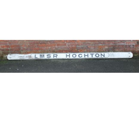A VINTAGE WOODEN SIGN / BENCH BACK FOR 'HOGHTON' LONDON MIDLAND &amp; SCOTTISH RAILWAY, approximate dimensions 305 x 15 x 4 c