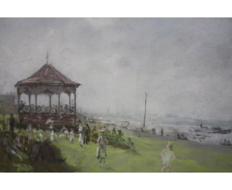 BERNARD ?; Coastal town scene with figures, band, bandstand and boats, indistinctly signed and date 1922 lower right, pastel 