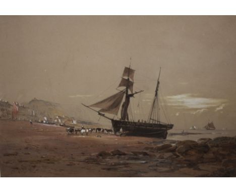 ENGLISH SCHOOL (XX). A sailing ship on the beach with figures and horses, watercolour, bearing monogram lower left 'I. T.' an
