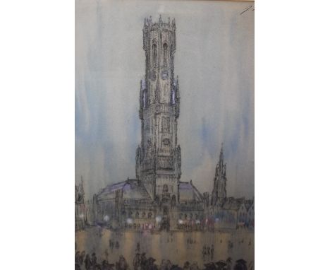 TOWN SQUARE AT BRUGES WITH NUMEROUS FIGURES, indistinctly signed and dated 1929 upper right, mixed media on paper, framed and