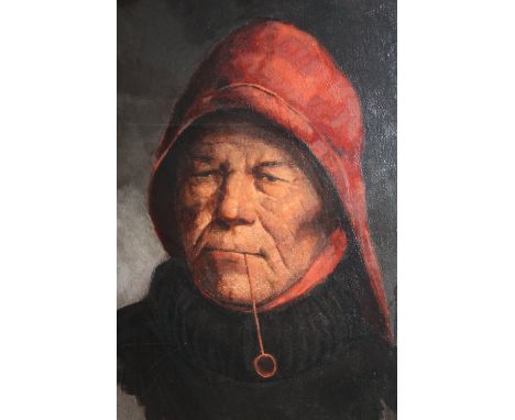 AIME VAN BELLEGHEM (XX). Belgian school, study of a fisherman smoking a pipe, stormy harbour scene in background, signed lowe