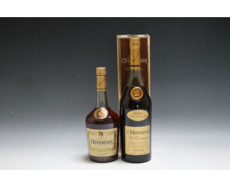 2 BOTTLES OF HENNESSY CONSISTING OF 1 VINTAGE BOXED 1 LITRE BOTTLE OF VSOP FINE CHAMPAGNE COGNAC AND 1 68CL BOTTLE OF VS COGN