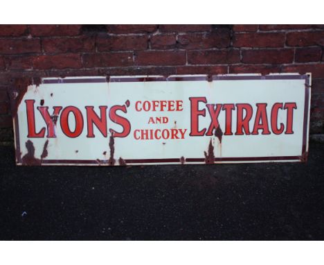 A VINTAGE ENAMEL ADVERTISING SIGN FOR 'LYONS' COFFEE AND CHICORY ESSENCE', approximate dimensions W 150 cm, H 45 cm 