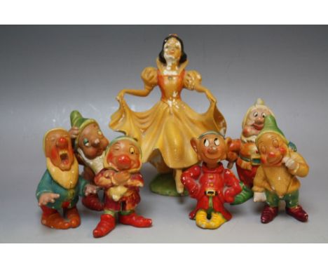 WADE DISNEY SNOW WHITE AND THE 'SIX' DWARFS CELLULOSE FIGURES, designed by Jessie Van Hallen, tallest H 16.5 cm (7)Condition 
