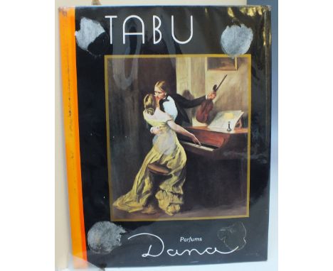 A VINTAGE METAL ON CARDBOARD ADVERTISING SIGN FOR TABU, approx. 34 x 27 cm (A/F)
