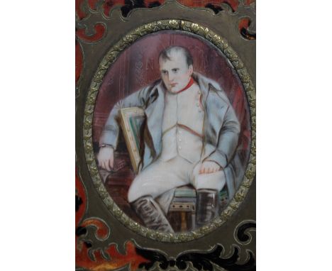 HALLE ()XIX-XX). Oval portrait miniature on ivory of a seated Napoleon Bonaparte, signed middle to upper right, in a boulle w