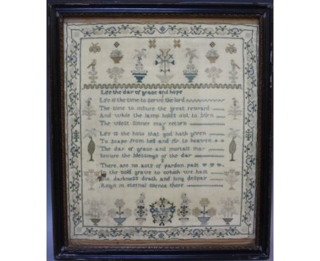 A 19TH CENTURY SAMPLER, 'H. FRANCIS, HER WORK AGED 13 YEARS' 38 x 32 cm