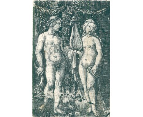 Altdorfer, Albrecht: (1480 Landshut - Regensburg 1538). Herkules und die Muse. Kupferstich, um 1520/25. 6,6 x 4,5 cm. Mit d. 