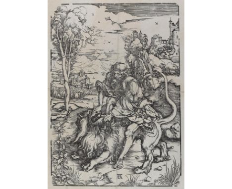 Dürer, Albrecht: (1471 Nürnberg 1528). Samson tötet den Löwen. Holzschnitt, ca. 1497. 38,5 x 27,6 cm., Blgr. 58 x 43,6 cm. Mi