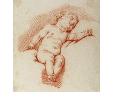 Anonymer Künstler.: Schlafender Putto. Rötelkreidezeichnung. 18./19. Jhdt. 22,5 x 21,5 cm. - Etw. stockfl.   R