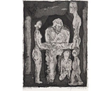 Grzimek, Sabina: (1942 Rom, lebte u. arbeitete in Berlin u. Erkner). Familie. - "Die Stadt 1. Blatt" (Schlafendes Paar). Aqua