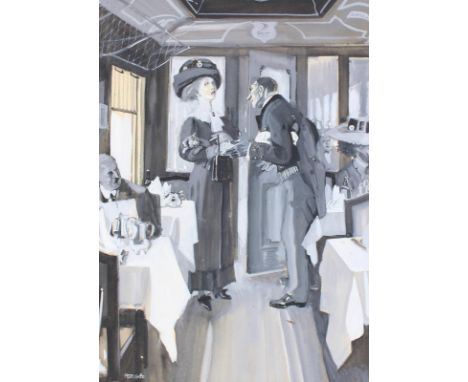 Götz, Ferdinand: (1874 Fürth - Paris 1941). Elegante Dame mit Hündchen auf dem Arm u. ein Kellner im Speisewagen. Weiß gehöht