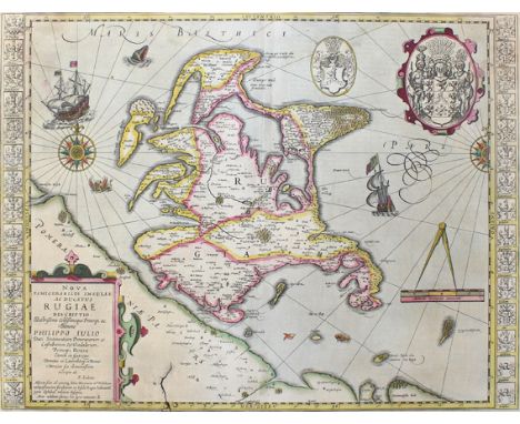 Rügen.: Nova famigerabilis Insulae ac Ducatus Ruglae descriptio. Kol. Kupferkarte. von E. Lubin. Mit ausgem. Rollwerkskartusc