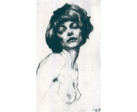 Junghanns, Reinhold Rudolf: (1884 Zwickau - war ansässig in Berlin). Frauenhalbakt. Radierung auf Atlasseide (19)12. 16,5 x 9