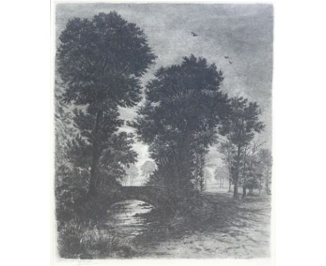 Mannfeld, Bernhard K.J.: (1848 Dresden - Frankfurt a. M. 1925). Von Bäumen gesäumte Brücke über einen Fluss. Radierung. 1898.