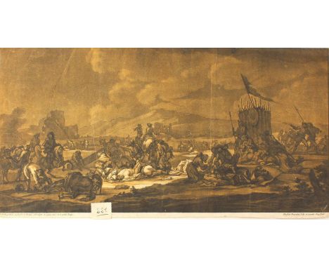 Rugendas, Christian: (1708 Augsburg 1781). Pandur mit Handpferd u. 4 Bl. mit Schlachtendarst. Mezzotinti in Ocker (4) n. G.P.