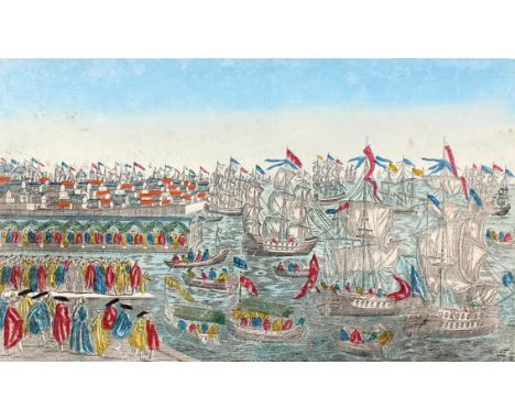 Guckkastenkupfer.: Cartagne. Vista del Embarcamiento. Um 1760. Ca. 26,4 x 43 cm. - Etw. fl. u. tls. randrissig.  ╔Dabei: Dass