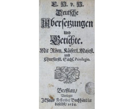 (Hoffmann v. Hoffmannswaldau,C.).: Deutsche Übersetzungen und Getichte. 10 Tle. in 1 Bd. Breslau, Fellgiebel 1684 ff. Prgt. d