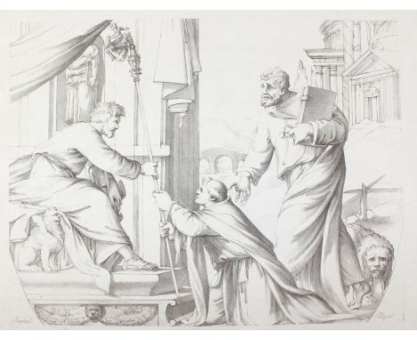 Piloty, Ferdinand d.Ä.: (1786 Homburg - München 1844). Petrus verleiht das erste Bistum. Kreidelithographie n. Raffael. 29,2 