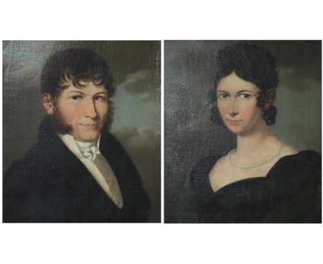 Portraits.: Pendants. Porträt einer Dame und eines Herren. 2 Gemälde, je Öl auf Leinwand auf Spanplatte bzw. Malkarton kaschi
