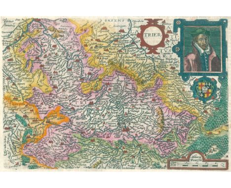 Trier.: Erzbistum Trier. Altkol. Kupf.-Kte. von J. Bussemecher aus dem Atlas von Quad, um 1595. Mit ausgem. Kart., farb. Port