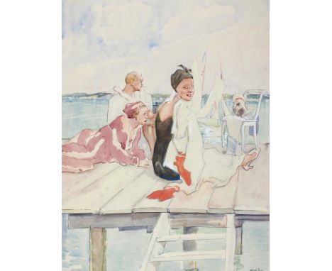 Götz, Ferdinand: (1874 Fürth - Paris 1941). Zwei Frauen u. ein Mann in Badekleidung auf einem Bootssteg, im Hintergrund Segel