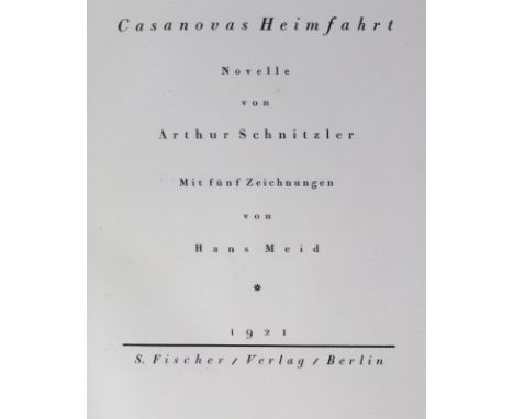 Schnitzler,A.: Casanovas Heimfahrt. Novelle. Bln., S.Fischer 1921. Kl.4°. Mit 5 Orig.-Lithogr. v. Hans Meid. 168 S., 2 Bl. Du