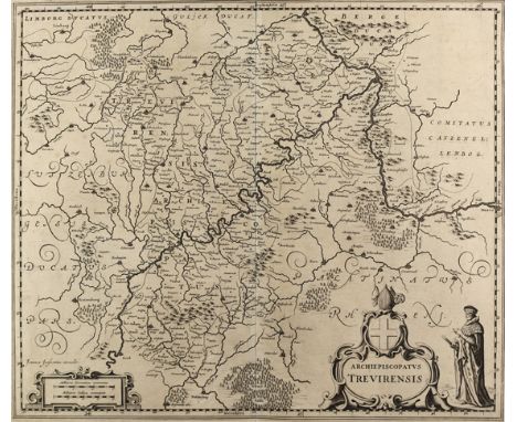 Trier.: Archiepiscopatus Trevirensis. Kupferstichkarte mit Wappenkartusche und Figur, bei J. und C. Blaeu in Amsterdam. 41 x 
