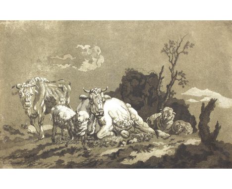 Quarry, Regina Katharina: (um 1762 Nürnberg - Rom 1821). Weidetiere, teils liegend. Aquatinta in grün-braun, 1790. Ca. 22 x 3