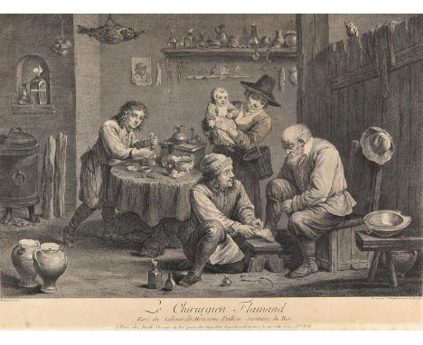 Der Flämische Chirurg.: Le Chirurgien Flamand. Kupferstich v J. Daullé nach Teniers. 1760. Blgr. 36,7 x 49 cm. - Beschnitten.