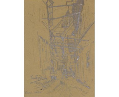 Hamburg.: Vorsetzen Hof No. 6. Kohlezeichnung v. Oscar Bögel (1871 Hamburg 1964) auf braunem Papier, 1909. Blgr. 31,5 x 26 cm