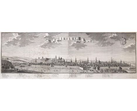 Erfurt.: Große Gesamtansicht von einer Anhöhe aus, im Vordergrund fig. Staffage. Kupferstich. nach F.B.Werner bei J. Wolffs E
