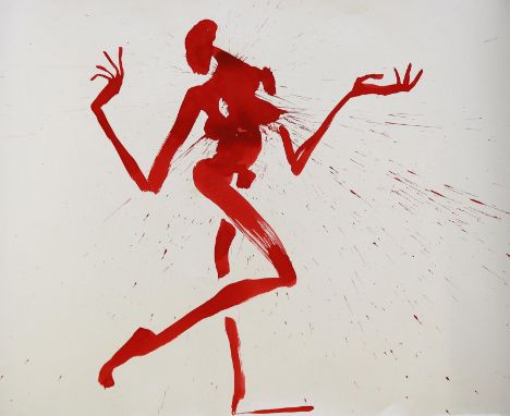 Leiberg, Helge: (1954 Dresden, lebt in Berlin). Tanzender weiblicher Akt in Rot. Tusche auf Somerset 2004. Blgr. 77 x 112 cm.