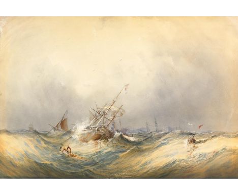 Unbekannter Marinemaler: (Wohl 19. Jhdt.). Stürmische See mit gestrandetem Segelschiff, Treibgut und Hilfsbooten. Aquarell. 4