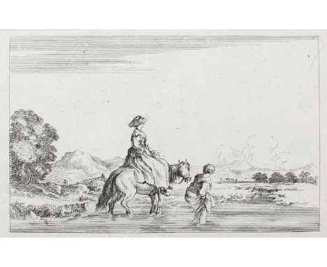 Bella, Stefano della: (1610 Florenz 1664). 2 Frauen einen Fluss überquerend (eine reitend). - Reitender Mann einen Fluss über