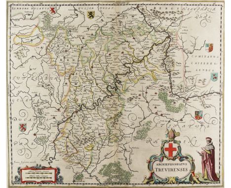 Trier.: Archiepiscopatus Trevirensis. Altteilkolor. Kupferstichkarte mit altkolor. Wappenkartusche und Figur sowie 6 altkolor