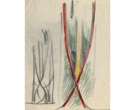 Poelzig, Hans: (1869 Berlin 1936). Gilles und Jeanne, Lichtsäule. 2 Bl. schwarze bzw. farbige Kreide auf transparentem Skizze
