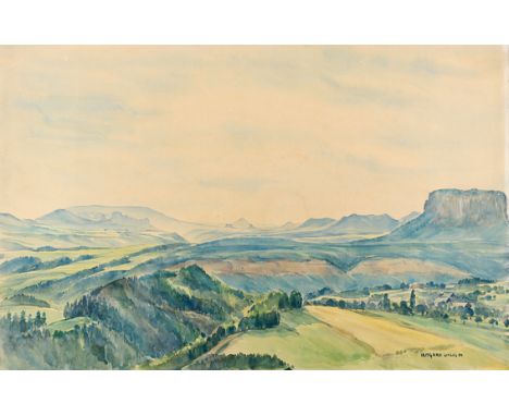 Uhlig, Irmgard: (1910 Oberwiesenthal - Dresden 2011). Weite Landschaft mit Bergen (Elbsandsteingebirge). Aquarell. 1954. 37,7