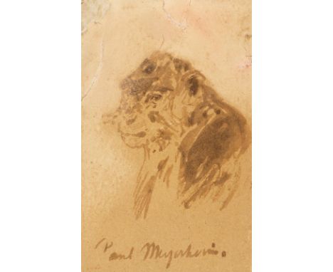 Meyerheim, Paul: (1842 Berlin 1915). Portrait eines Primaten. Tuschpinsel auf auf Papier auf Karton aufgez. Blgr. 13 x 8,4 cm