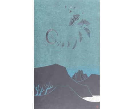 Kanamuri, Yoshio.: (1922 Präfektur Toyama). Berglandschaft mit Mond und Schmetterlingen am Himmel. Farbholzschnitt. Um 1950. 