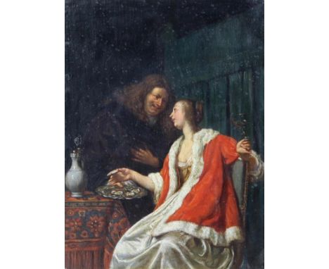 Mieris, Franz von: (1636 Leiden 1681) nach. Das Austernfrühstück. Öl auf Holz. Gemälde von 1661. Ungerahmt. Bildmaße 28 x 21 