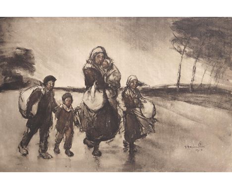 Steinlen, Theophile Alexandre: (1859 Lausanne - Paris 1923). Le coup de vent. Lithographie. 1915. Blgr. 38 x 56,5 cm. Sign. -