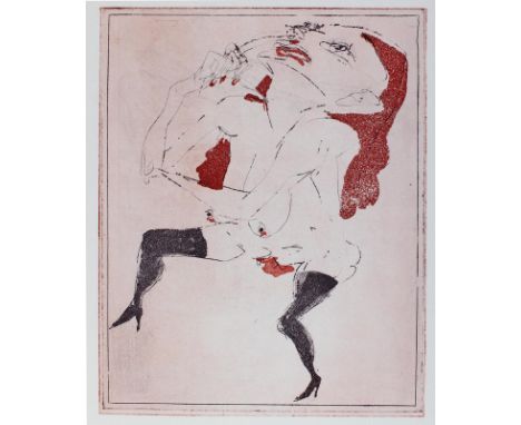 Scheib, Hans: (1949 Potsdam). Weiblicher Akt mit roten Haaren in Bewegung. Farbradierung auf Hahnemühle 1981. 32 x 24,7, Blgr