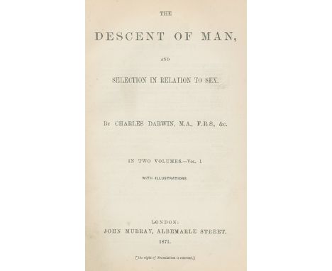 Darwin,Ch.: The Descent of Man, and Selection in Relation to Sex. 2 Vols. London, Murray 1871. Mit zahlr. Textholzstichen. VI