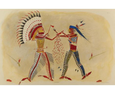Bodmer, Karl.: (1809 Zürich - Paris 1893). "Fac Simile einer indianischen Malerei." Aquatinta-Radierung mit neuerem Kolorit, 