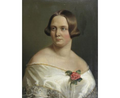 Portrait: einer Dame im weißen Seidenkleid und mit Rose im Dekolleté. Öl auf Leinwand. Rechts datiert "1846". 39,3 x 31 cm.  