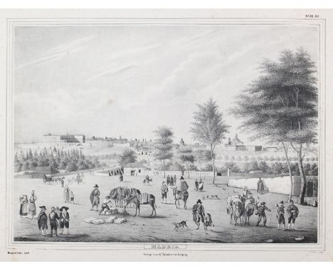 Madrid.: Teilansicht mit reicher fig. Staffage im Vordergrund. Lithographie v. C.Böhmer aus "Panorama" bei C.Schubert, Lpz. c